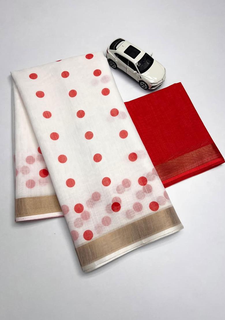 White Embroidery Linen Saree With Blouse