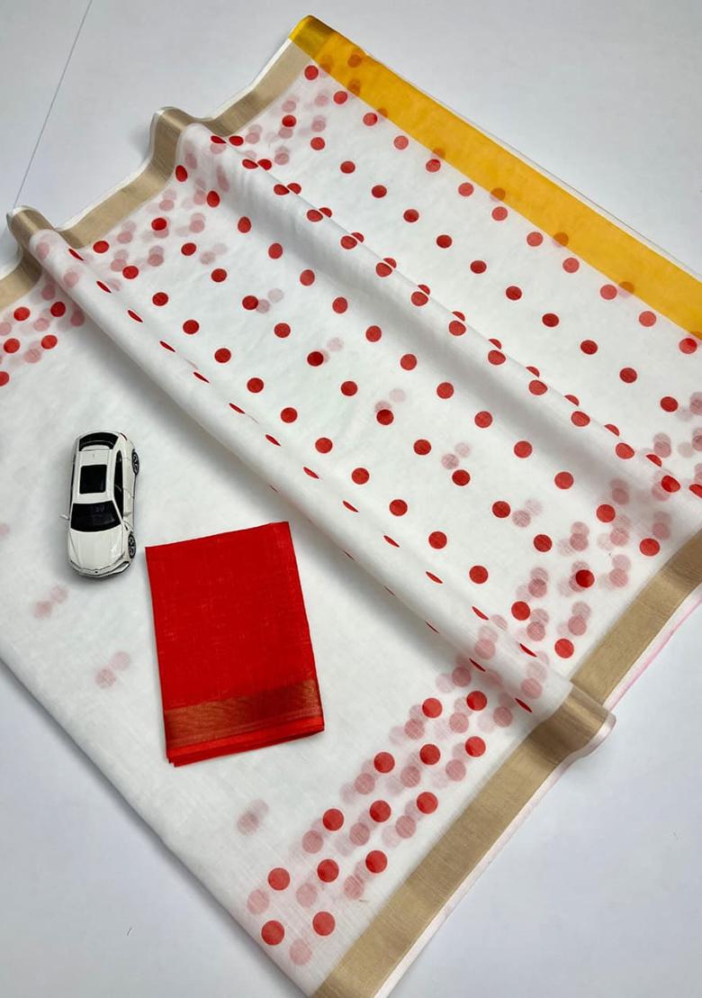 White Embroidery Linen Saree With Blouse