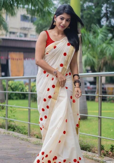 White Embroidery Linen Saree With Blouse