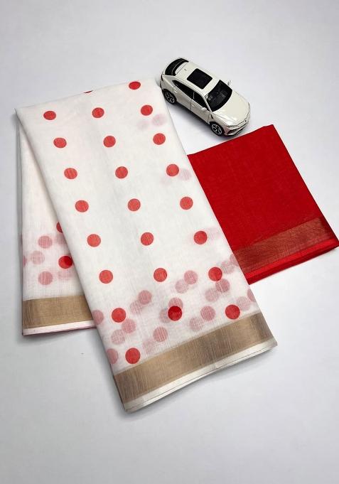 White Embroidery Linen Saree With Blouse