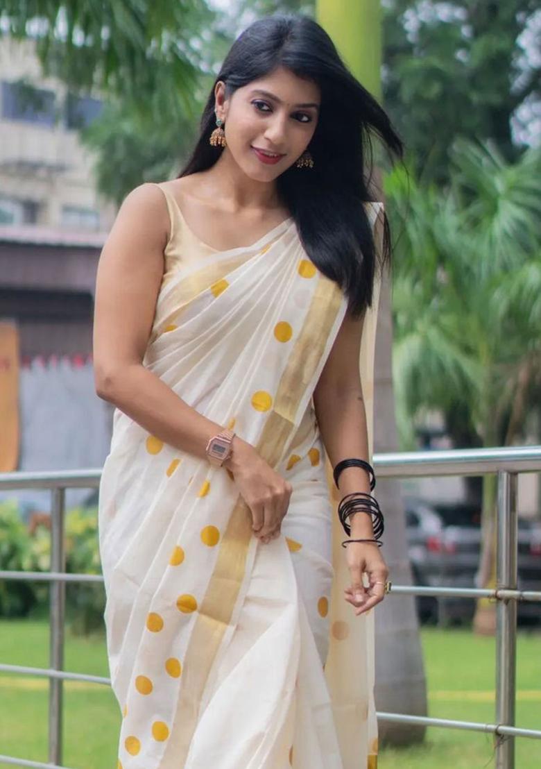 White Embroidery Linen Saree With Blouse