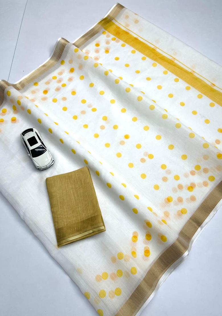 White Embroidery Linen Saree With Blouse