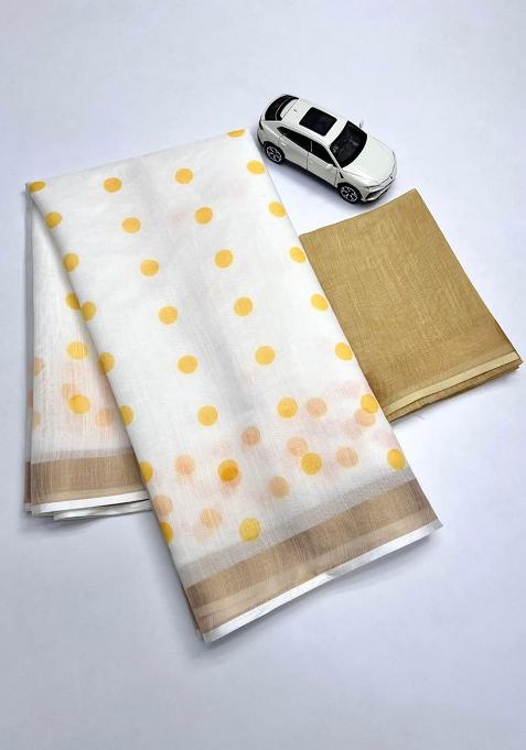 White Embroidery Linen Saree With Blouse