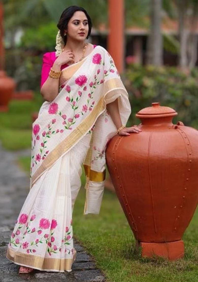 White Embroidery Linen Saree With Blouse