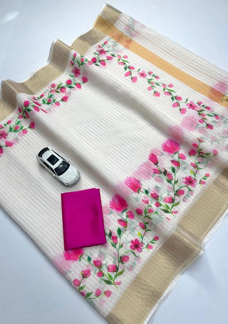 White Embroidery Linen Saree With Blouse