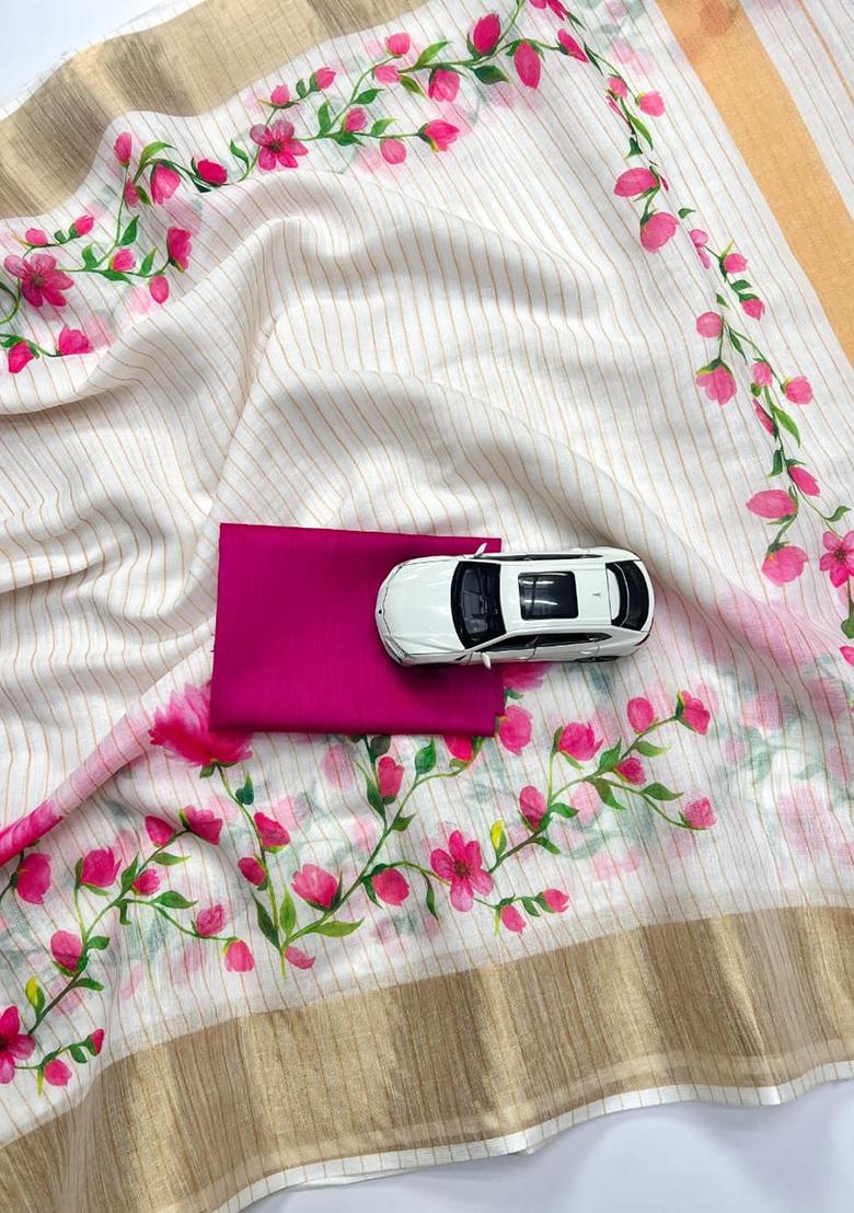 White Embroidery Linen Saree With Blouse