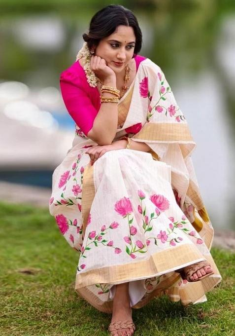 White Embroidery Linen Saree With Blouse