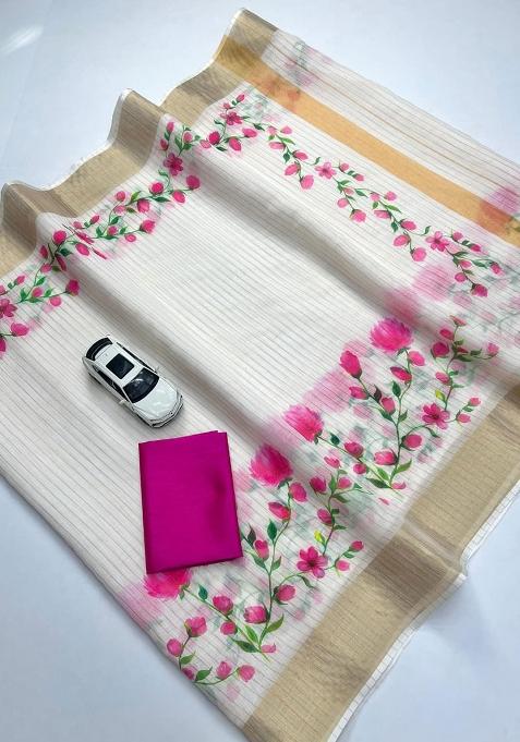 White Embroidery Linen Saree With Blouse