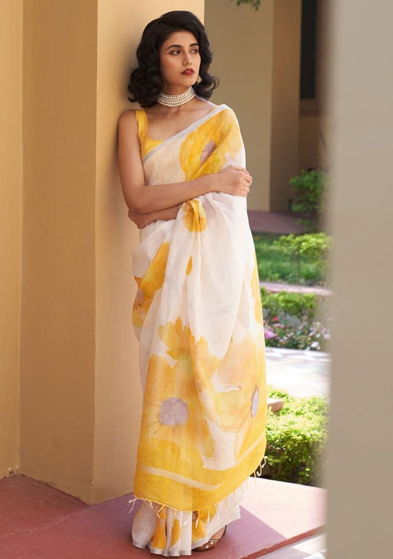 White Embroidery Linen Saree With Blouse