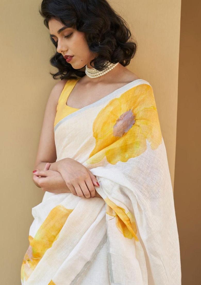 White Embroidery Linen Saree With Blouse