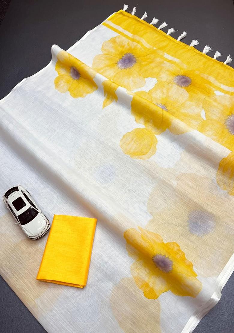 White Embroidery Linen Saree With Blouse