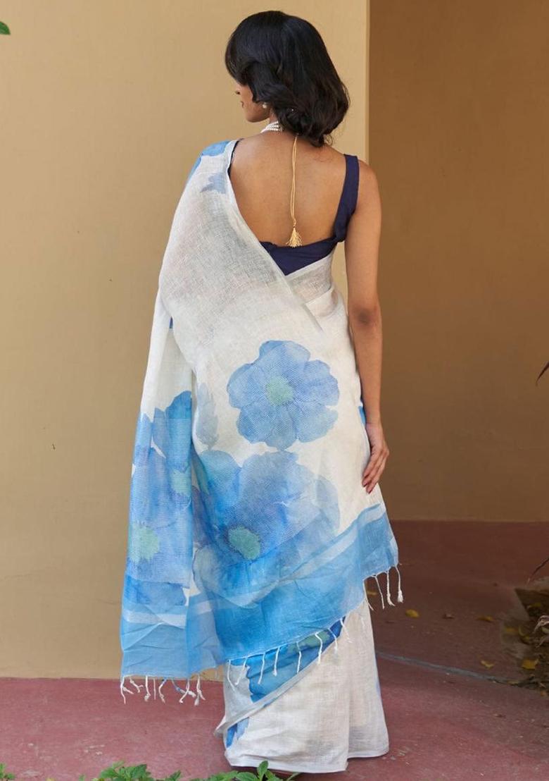 White Embroidery Linen Saree With Blouse - Indya