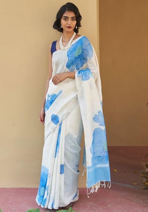 White Embroidery Linen Saree With Blouse