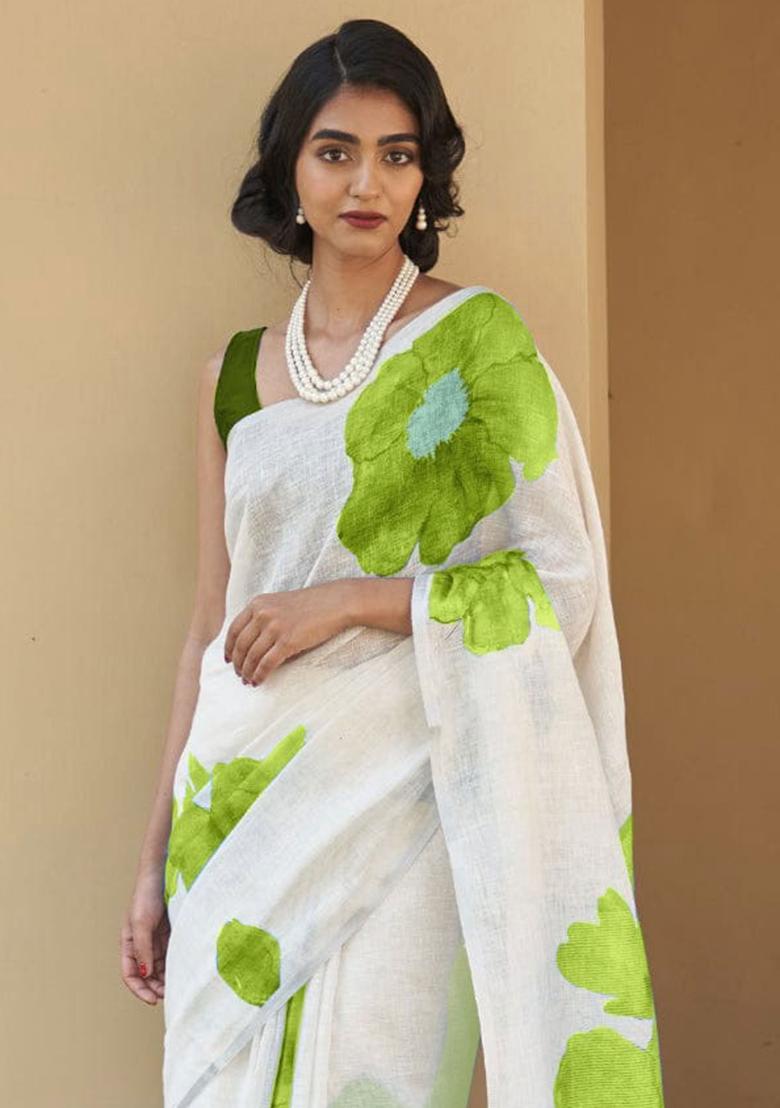 White Embroidery Linen Saree With Blouse - Indya