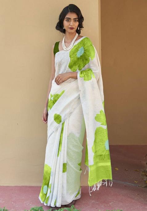 White Embroidery Linen Saree With Blouse