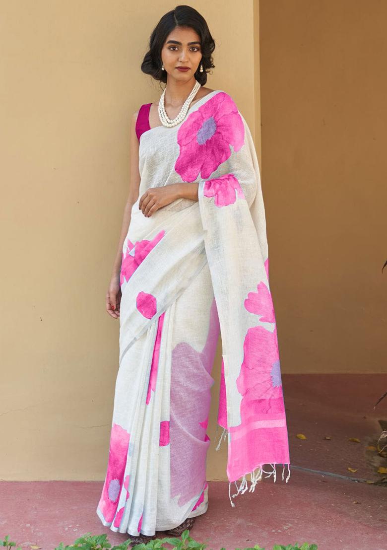 White Embroidery Linen Saree With Blouse