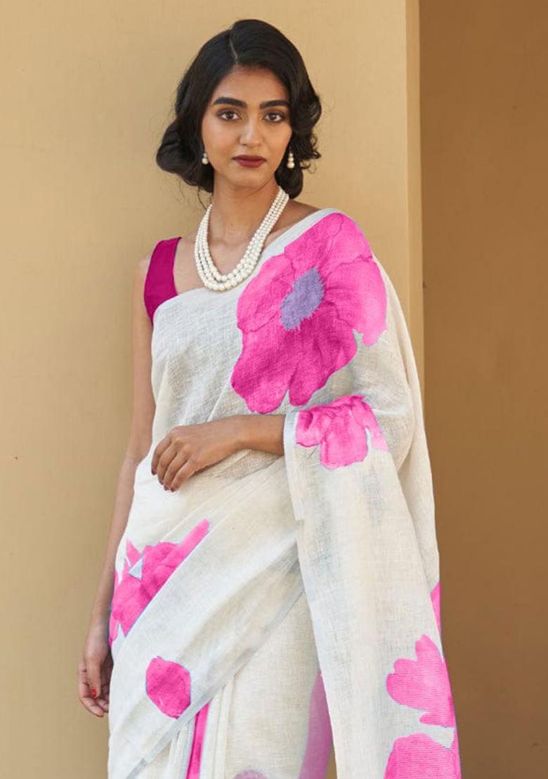 White Embroidery Linen Saree With Blouse