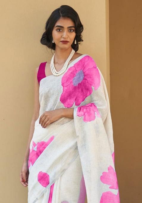 White Embroidery Linen Saree With Blouse