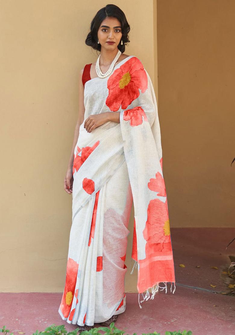 White Embroidery Linen Saree With Blouse