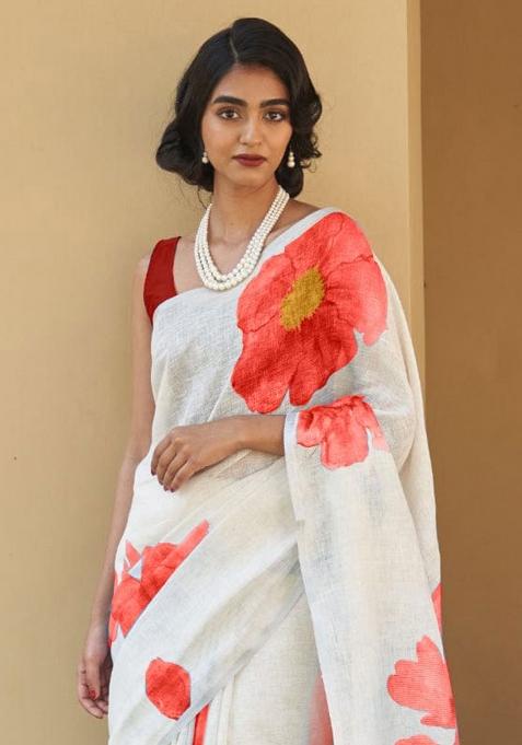 White Embroidery Linen Saree With Blouse
