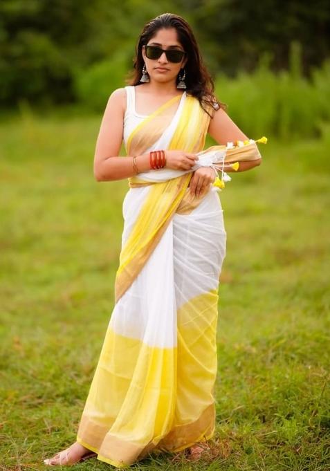 White Embroidery Linen Saree With Blouse