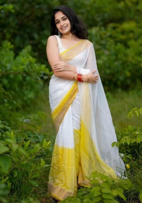 White Embroidery Linen Saree With Blouse