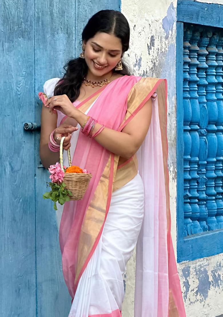 White Embroidery Linen Saree With Blouse