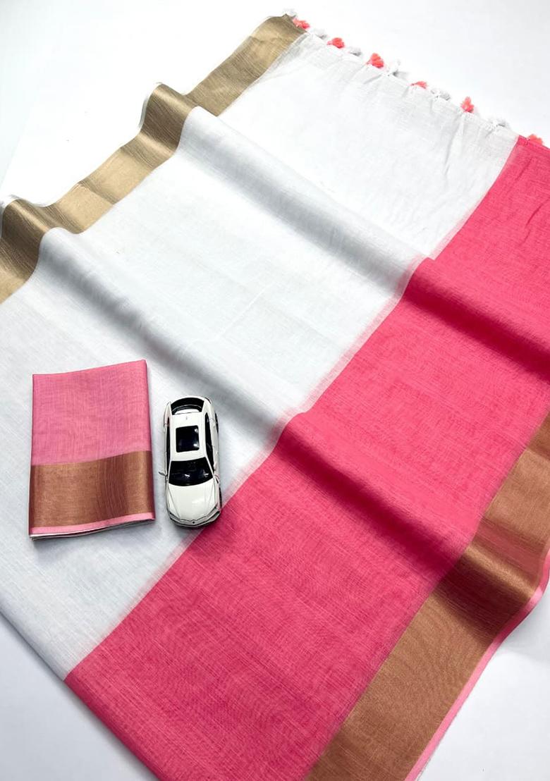 White Embroidery Linen Saree With Blouse