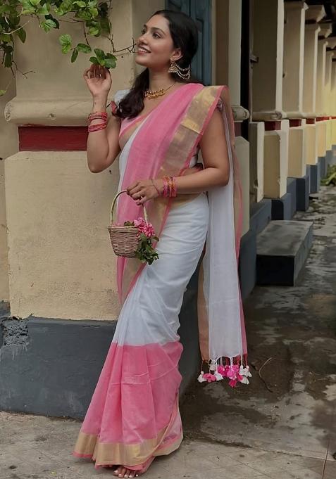 White Embroidery Linen Saree With Blouse