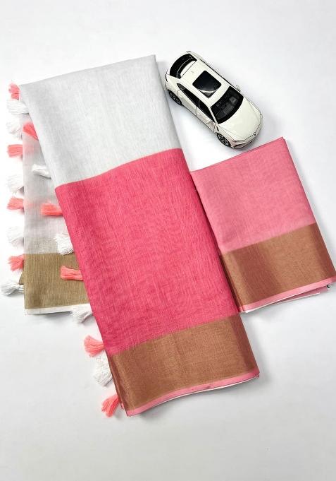 White Embroidery Linen Saree With Blouse