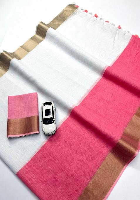 White Embroidery Linen Saree With Blouse