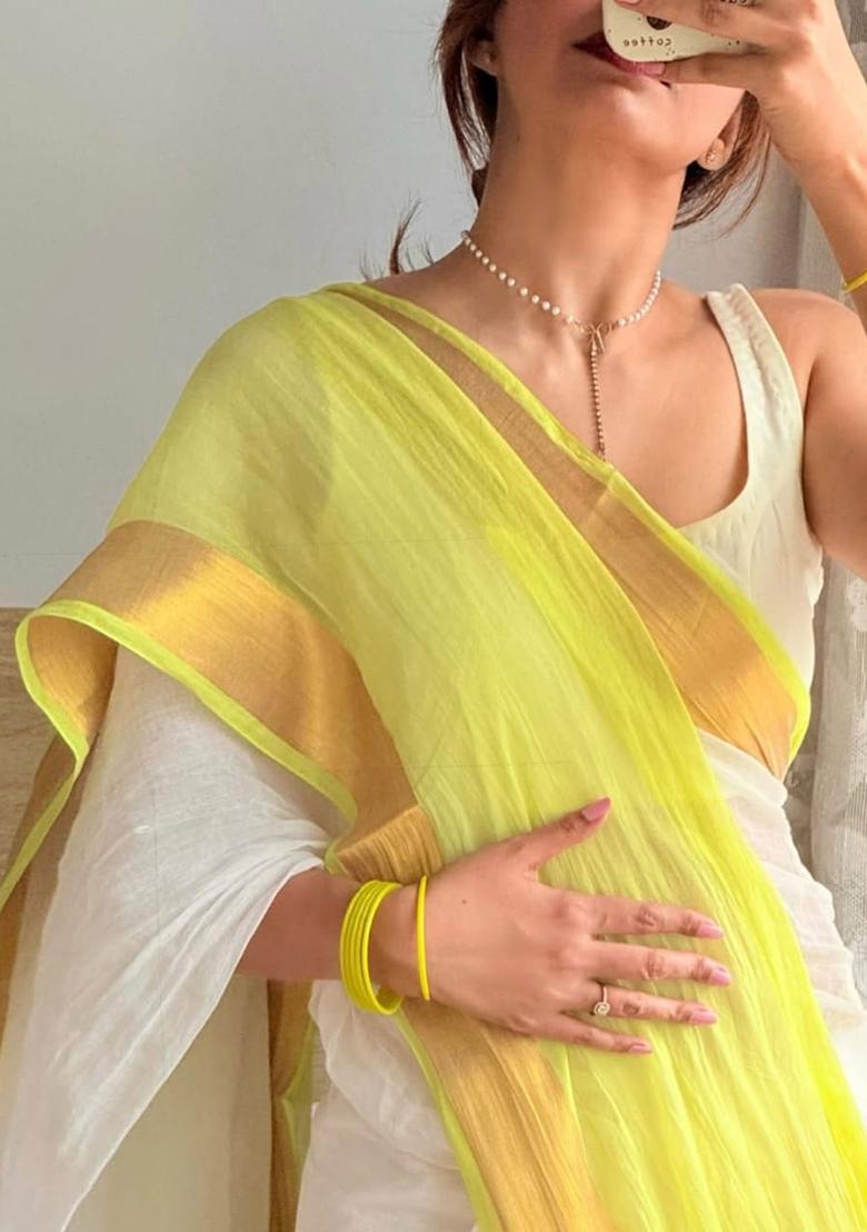 White Embroidery Linen Saree With Blouse