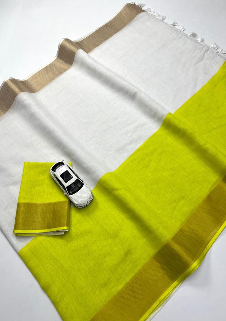 White Embroidery Linen Saree With Blouse