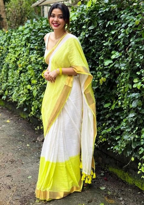 White Embroidery Linen Saree With Blouse