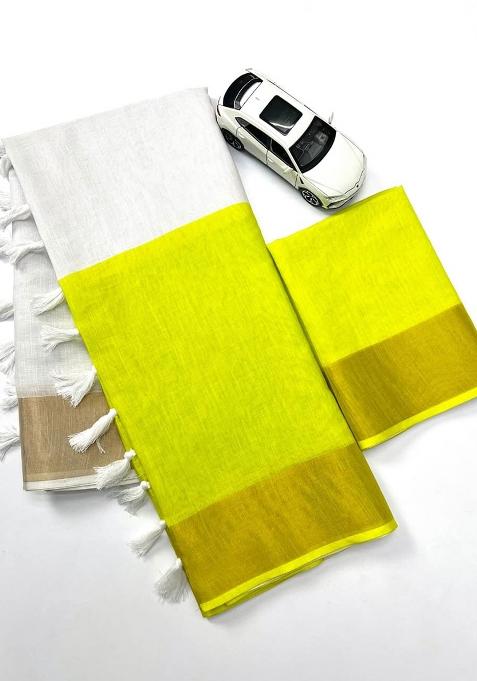 White Embroidery Linen Saree With Blouse