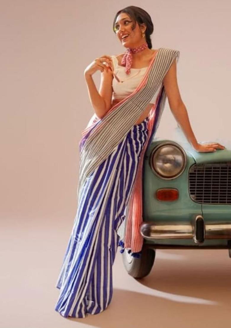 Multicolor Embroidery Linen Saree With Blouse