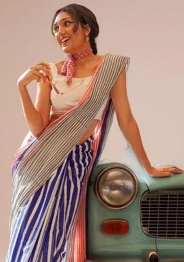 Multicolor Embroidery Linen Saree With Blouse