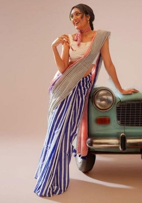 Multicolor Embroidery Linen Saree With Blouse