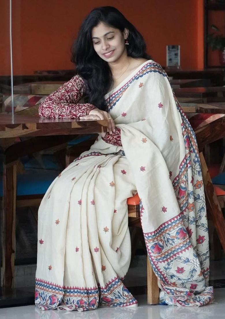 White Embroidery Linen Saree With Blouse