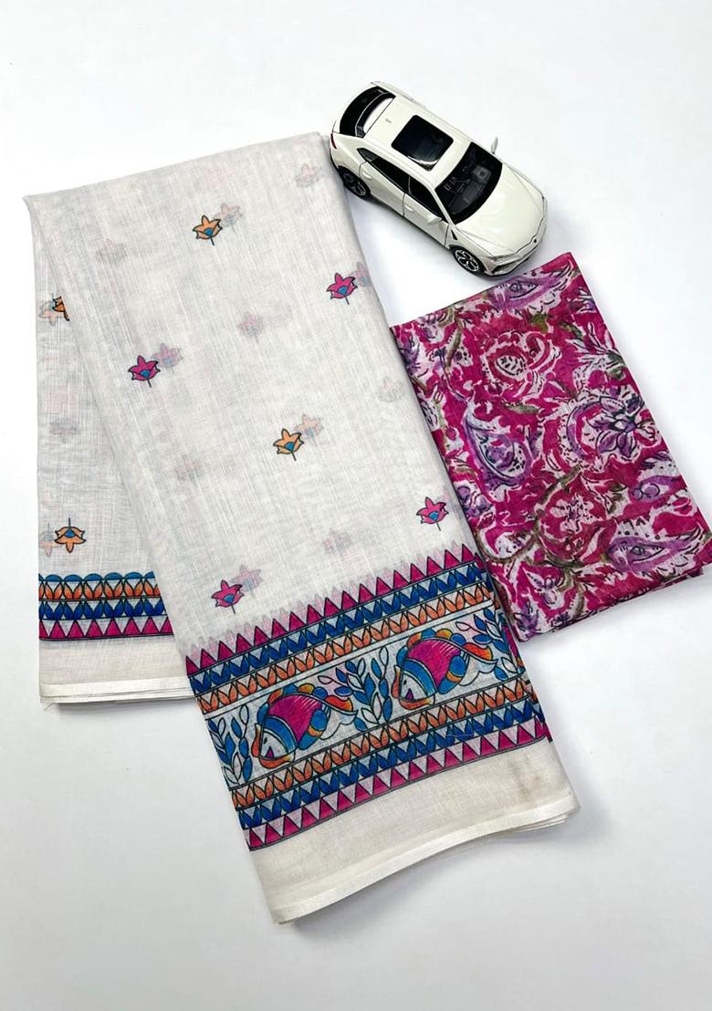 White Embroidery Linen Saree With Blouse