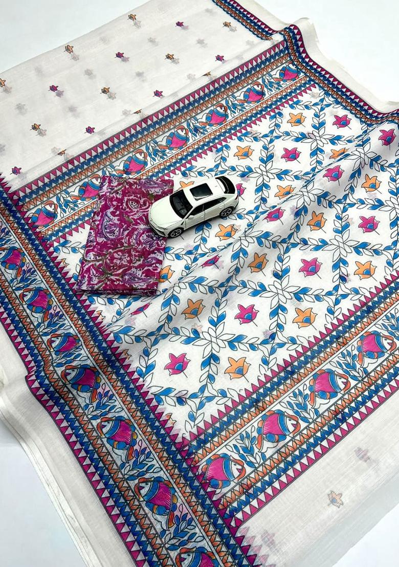 White Embroidery Linen Saree With Blouse