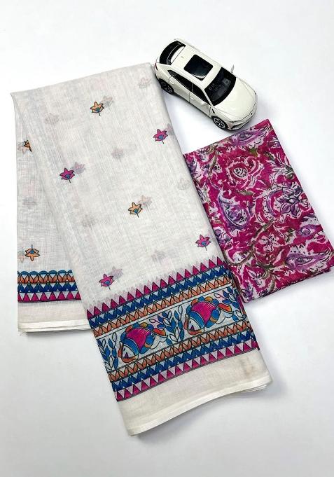 White Embroidery Linen Saree With Blouse