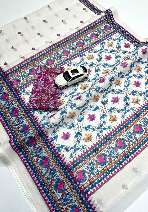 White Embroidery Linen Saree With Blouse