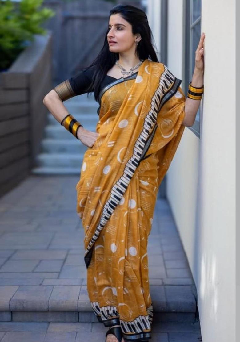 Mustard Embroidery Linen Saree With Blouse - Indya