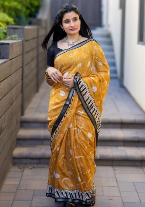 Mustard Embroidery Linen Saree With Blouse
