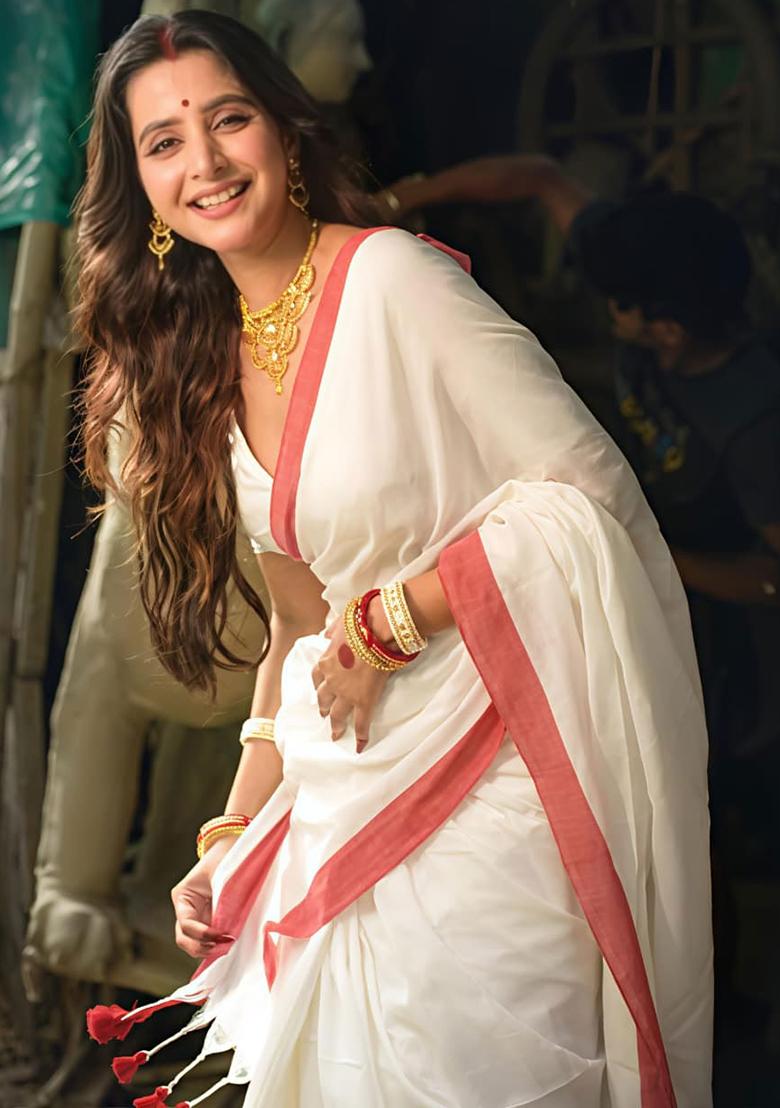 White Embroidery Linen Saree With Blouse - Indya
