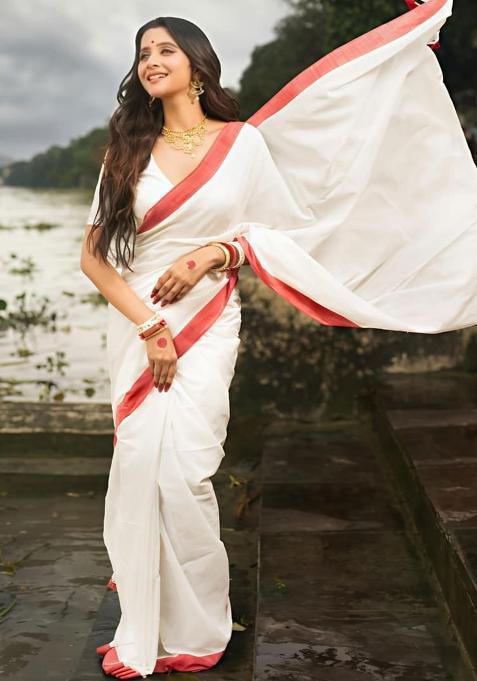 White Embroidery Linen Saree With Blouse