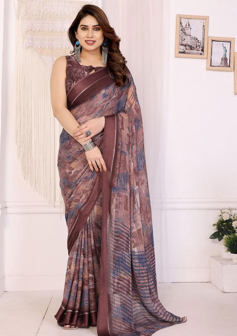 Brown Embroidery Chiffon Saree With Blouse