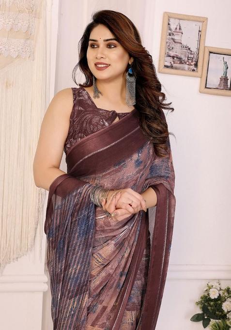 Brown Embroidery Chiffon Saree With Blouse