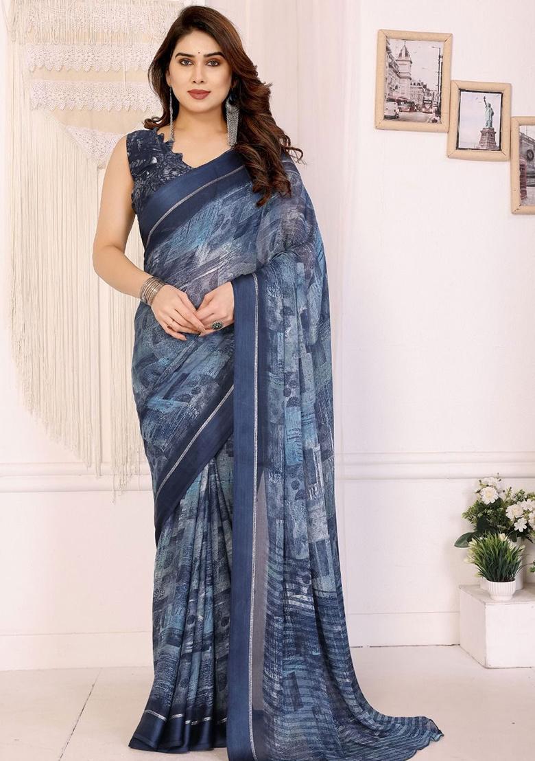 Blue Embroidery Chiffon Saree With Blouse